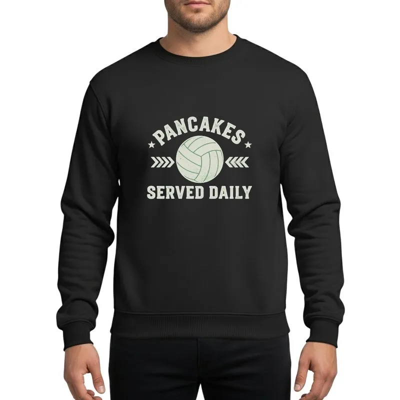 Volleyball Enthusiasts Light Grey Distressed Volleyball Graphic with Retro Grunge Pancakes Served Daily Text & Chevron Arrows Sweatshirt - 1