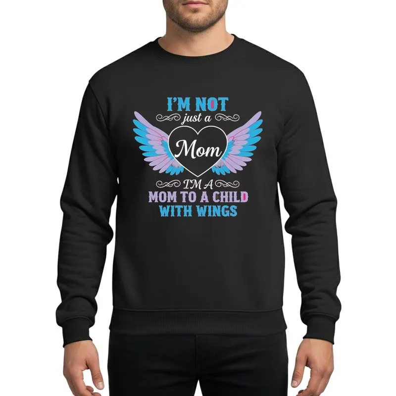 Mothers' Vibrant Magenta Pink Heart White Mom Script Angelic Sky Blue Lavender Wings Design Sweatshirt - 1