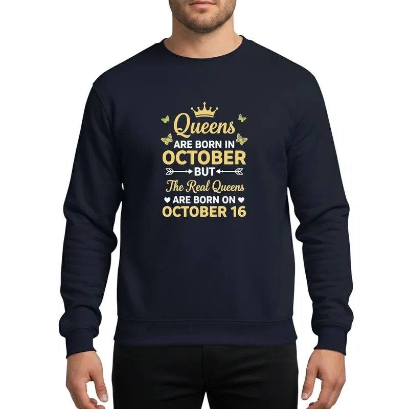 Women's October 16 Birthday Metallic Gold White Typographic Crown Butterfly Script Graphic Sweatshirt - 1