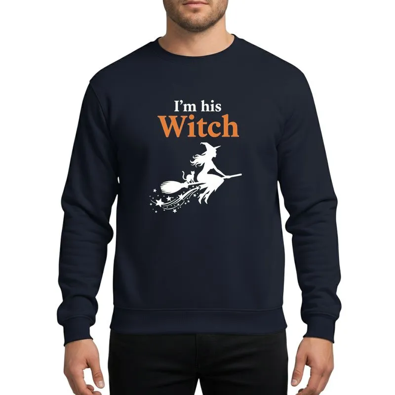 Couples' Halloween White Orange 'I'm His Witch' Broomstick Witch Cat Silhouette Sparkling Star Trail Sweatshirt - 1