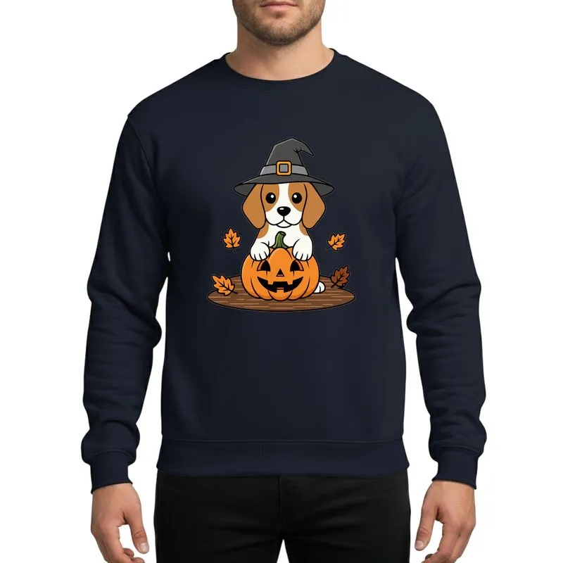 Dog Lovers' Cute Beagle Puppy Witch Hat Jack-o'-Lantern Autumn Leaves Orange & Grey Illustration Sweatshirt - 1