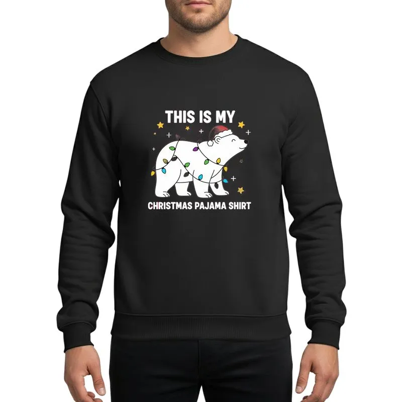 Festive Bear Lovers' White Polar Bear in Red Green Blue Star Christmas Lights with Santa Hat, Playful White Text Sweatshirt - 1