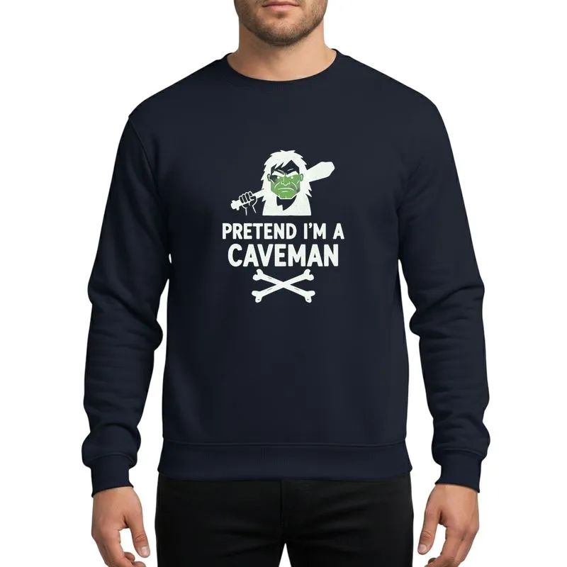 Halloween Fans' Primitive White Caveman Head & Crossbones Graphic with Distressed "PRETEND I'M A CAVEMAN" Text Sweatshirt - 1
