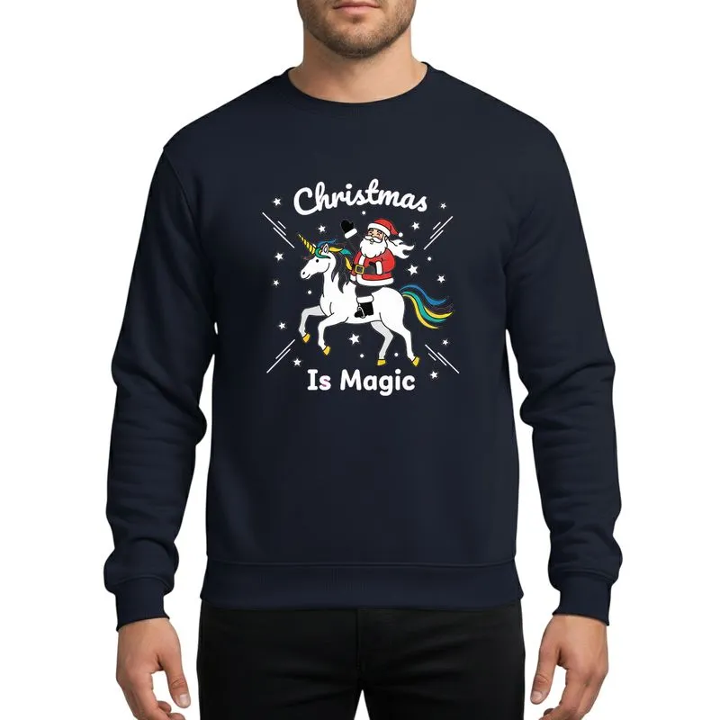 Holiday Enthusiasts' Whimsical Cartoon Santa Riding Rainbow Unicorn Festive Starry Magic Design Sweatshirt - 1