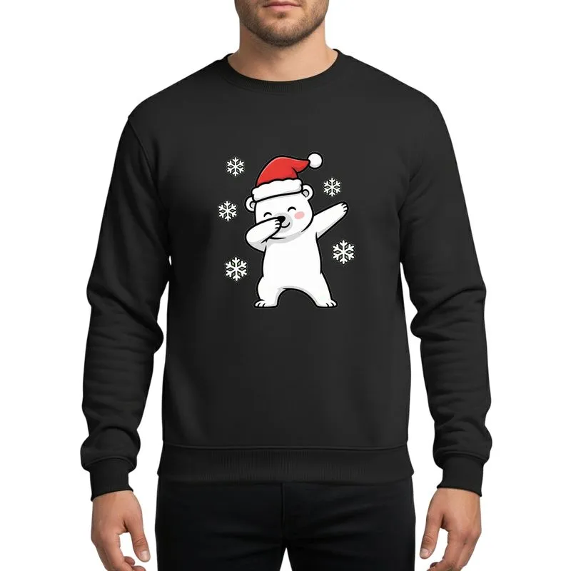Christmas Fans' Playful Dabbing Polar Bear Red Santa Hat White Pom Pom Pink Cheeks Cartoon Snowflakes Sweatshirt - 1