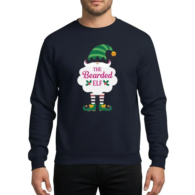 Holiday Party Goers' Playful Green Striped Elf Hat, Red Crown, White Bearded Elf Text, Red Striped Stockings Sweatshirt - 1