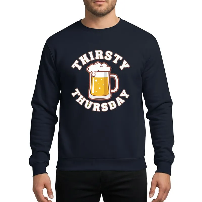 Party Goers' Bold Cartoon Golden Yellow Beer Mug Rustic Red-Brown Outline Distressed White THIRSTY THURSDAY Typography Sweatshirt - 1
