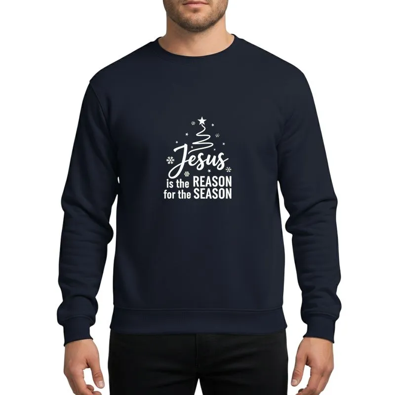 Christmas Celebrants' Minimalist White Jesus Script Christmas Tree Star Snowflakes Green Art Sweatshirt - 1