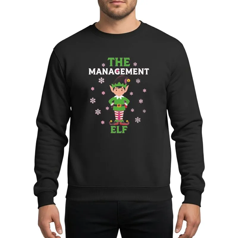 Holiday Families Distressed 'THE MANAGEMENT ELF' Text, Stylized Upright Elf Character & Festive Snowflake Accents Sweatshirt - 1