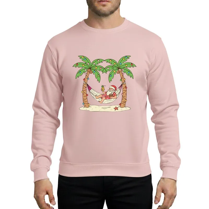 Tropical Christmas Enthusiasts' Whimsical Retro Santa Red Hawaiian Shirt Palm Tree Lights Beach Vacation Sweatshirt - 1