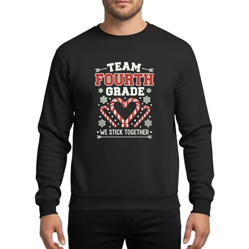 Fourth Grade Squad Distressed Red White Candy Cane Heart Snowflakes TEAM FOURTH GRADE WE STICK TOGETHER Vintage Design Sweatshirt - 1