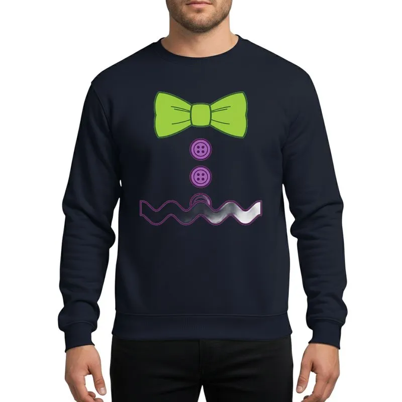 Festive Celebrators' Stylized Gingerbread Costume Green Bow Tie Purple Buttons White Icing Sweatshirt - 1