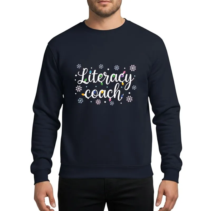Literacy Coach Squad Festive White Script Christmas Light Bulbs Multi-Color Snowflakes Sweatshirt - 1