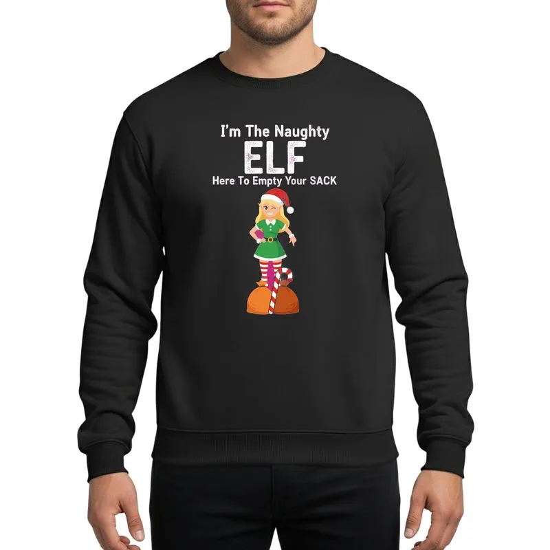 Holiday Humor Enthusiasts' Winking Blonde Elf Green Tunic Red Hat Striped Socks Festive Gift Sacks Candy Cane Sweatshirt - 1