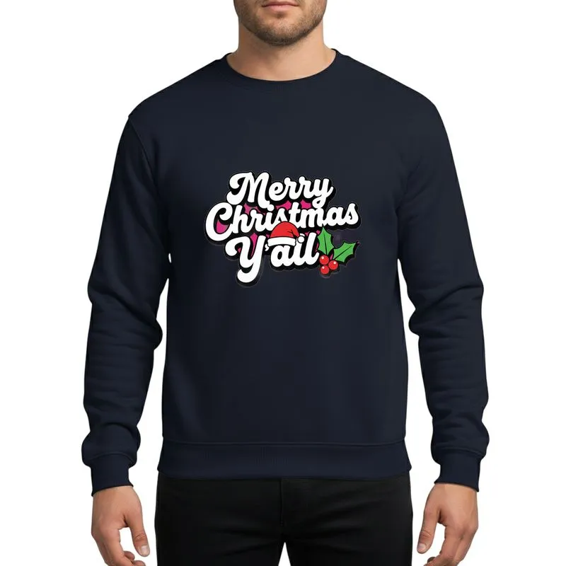 Southern Holiday Enthusiasts' Retro Script 'Merry Christmas Y'all' White Text, Red Santa Hat, Green Holly Design Sweatshirt - 1