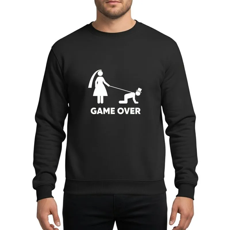 Bachelor Party Guests' White Minimalist Bride Veil Groom Top Hat Crawling Ironic "GAME OVER" Design Sweatshirt - 1