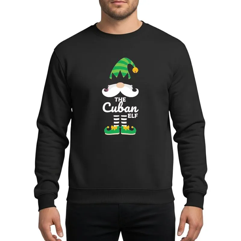 Holiday Party Enthusiasts' Whimsical Cuban Elf Gnome, Green Striped Hat, White Beard, Red & Green Festive Design Sweatshirt - 1