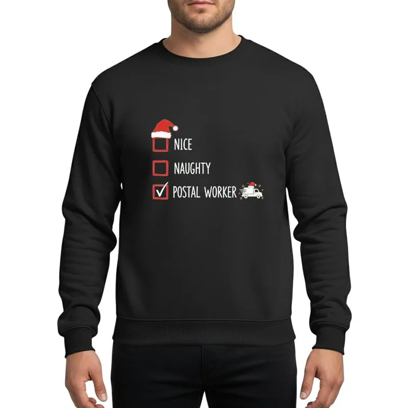 Postal Worker Festive Hand-drawn Red White Naughty Nice Christmas Checklist Delivery Truck Sweatshirt - 1