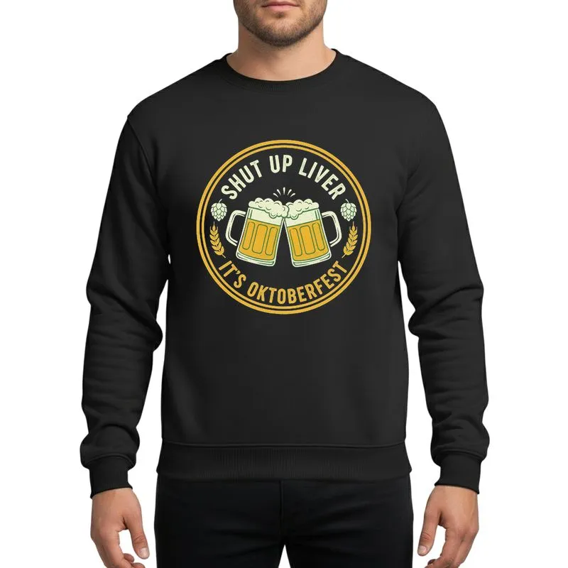 Oktoberfest Enthusiasts' Vintage Distressed Golden Yellow Beer Steins Off-White 'Shut Up Liver' Art Sweatshirt - 1