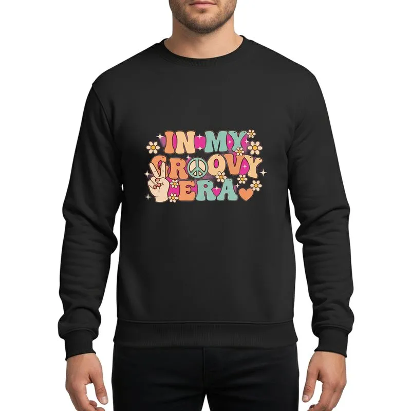 Unisex In My Groovy Era Retro 70s Peach Pink Teal Peace Sign Daisy Bubbly Text Sweatshirt - 1