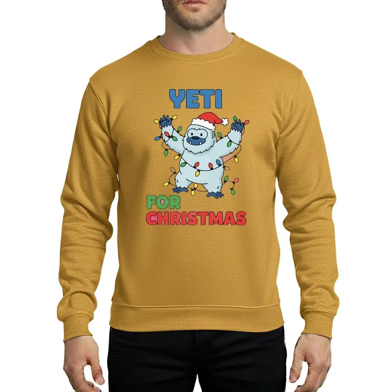 Holiday Celebrators' Energetic Blue-Grey Yeti Tangled in Red, Green, Blue, Yellow Christmas Lights & Santa Hat Artwork Sweatshirt - 1