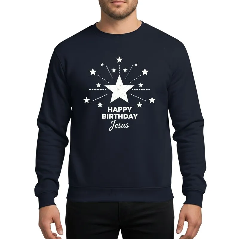 Christmas Season Admirers' White Distressed Radiant Star Cluster with Elegant 'Happy Birthday Jesus' Calligraphy Sweatshirt - 1