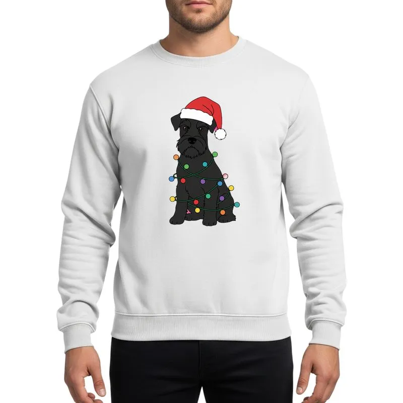 Giant Schnauzer Parents' Sitting Black Schnauzer Red Santa Hat Multi-Color Christmas Lights Graphic Sweatshirt - 1