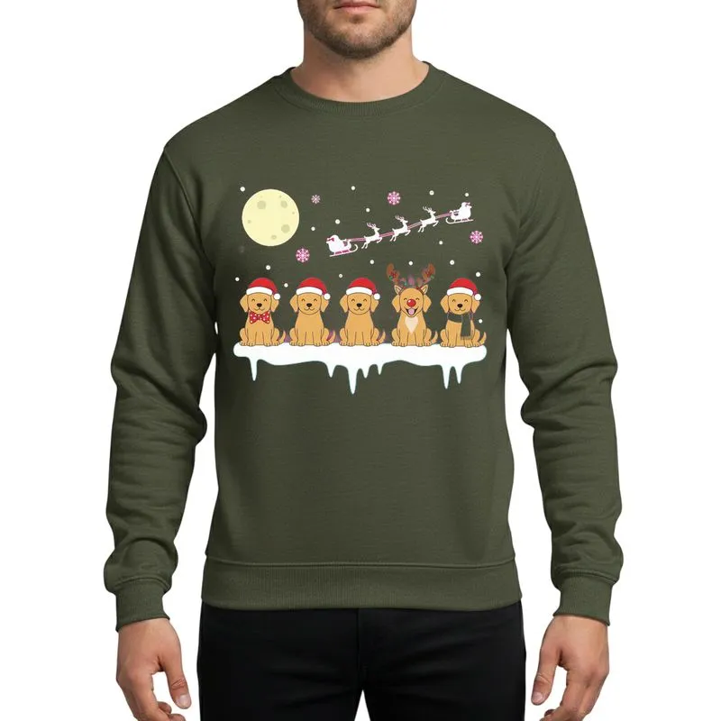 Christmas Dog Lovers' Five Golden Retriever Puppies Red Santa Hats Antlers Snowy Moon Flat Art Sweatshirt - 1