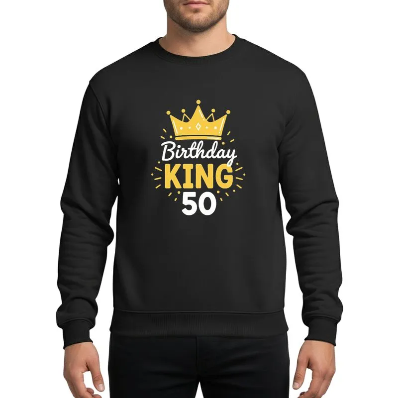 Men's Golden Yellow White Illustrative Crown Birthday King 50 Script Sans-Serif Design Sweatshirt - 1
