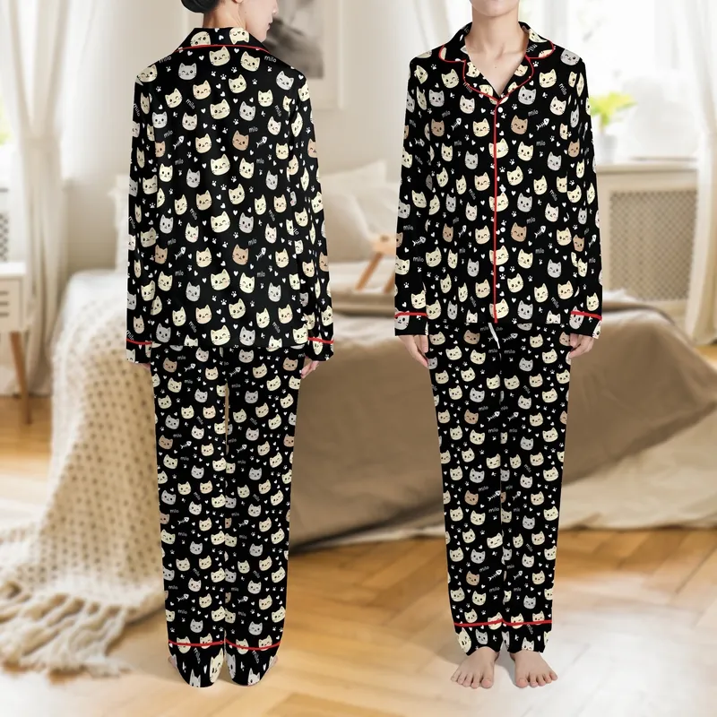 Cat Lovers' Black Cream Grey Pink Winking Cat Faces White Paw Prints Fish Milo Graphic Satin Pajamas Set - 1