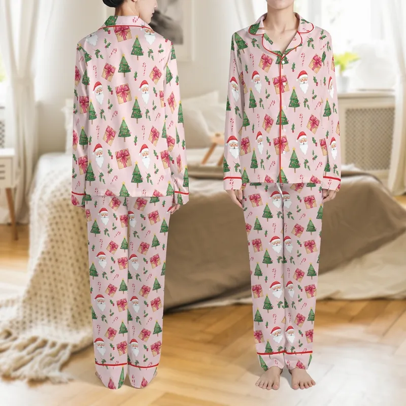 Festive Family Celebrators' Whimsical Pastel Pink Santa, Fuchsia Bow & Holly Watercolor Design Satin Pajamas Set - 1