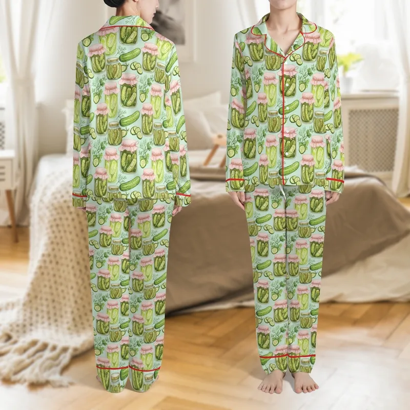 Girlie Pickle Fans' Coquette Pink Bow Watercolor Pickle Jar & Dill Botanical Pattern on Pale Mint Satin Pajamas Set - 1
