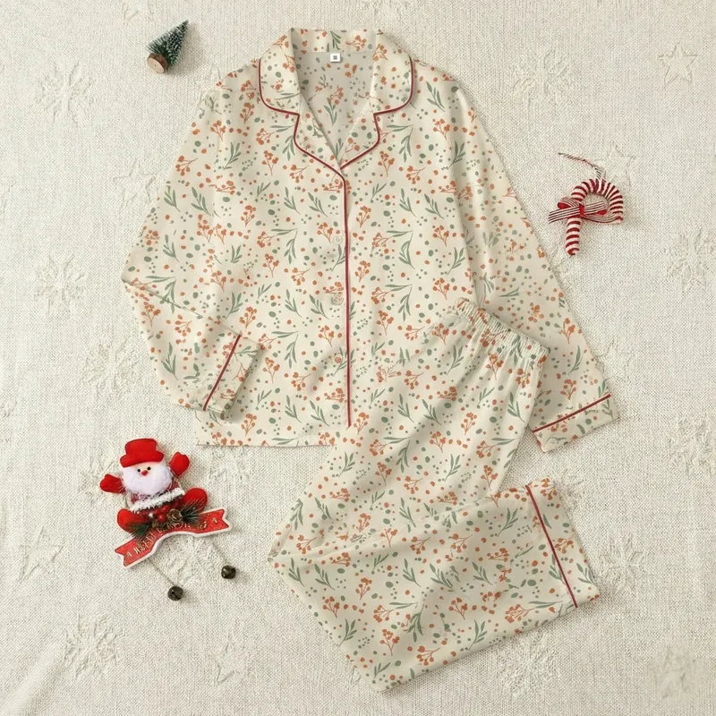 Baby & Toddler Soft Cream Muted Terracotta Sage Hand-Drawn Floral Scatter Print Satin Pajamas Set - 1