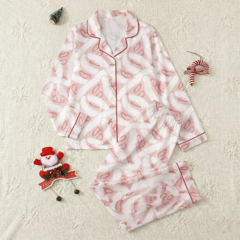 Bridesmaid Blush Pink Seamless Abstract Fluffy White Feather and Dusty Rose Organic Pattern Satin Pajamas Set - 1