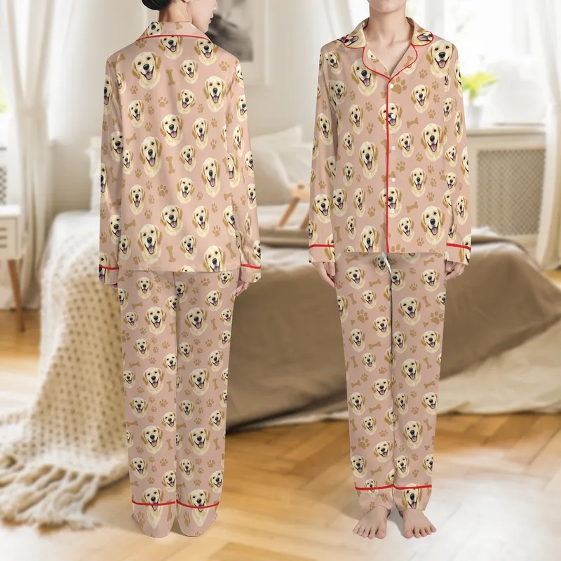Golden Retriever Lovers' Photorealistic Golden Retriever Faces & Golden Paw Print Pattern, Muted Peachy Pink Satin Pajamas Set - 1