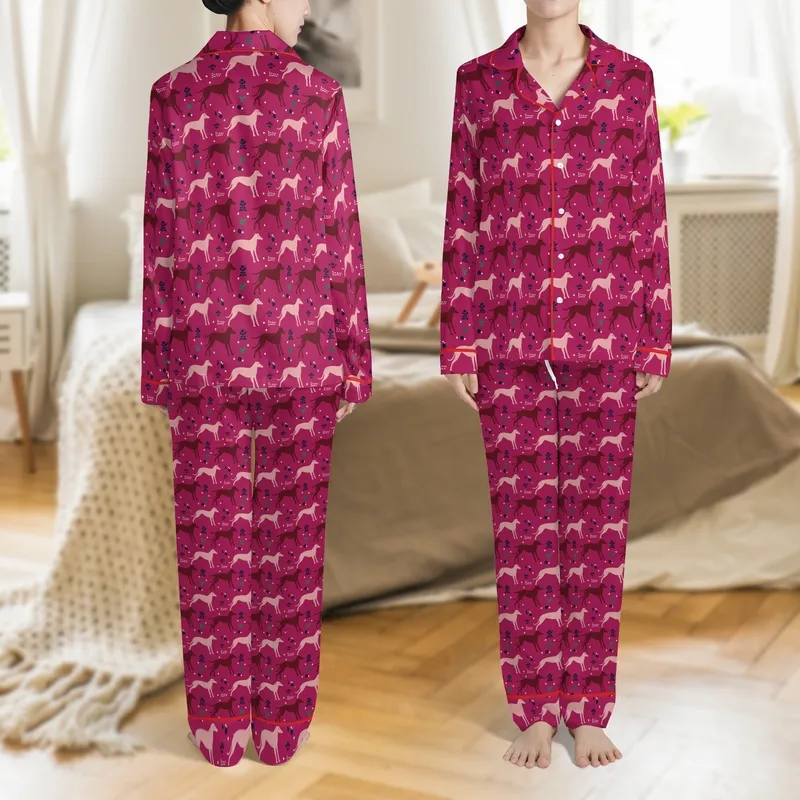 Greyhound Owners' Vibrant Fuchsia Abstract Greyhound Silhouettes Navy Green Cream Folk Art Geometric Satin Pajamas Set - 1