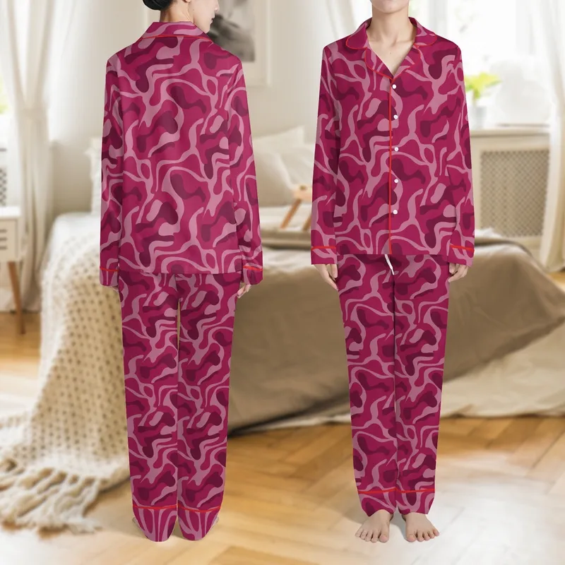 Women's Deep Magenta Abstract Organic Flowing Line Amorphous Seamless Pattern Satin Pajamas Set - 1