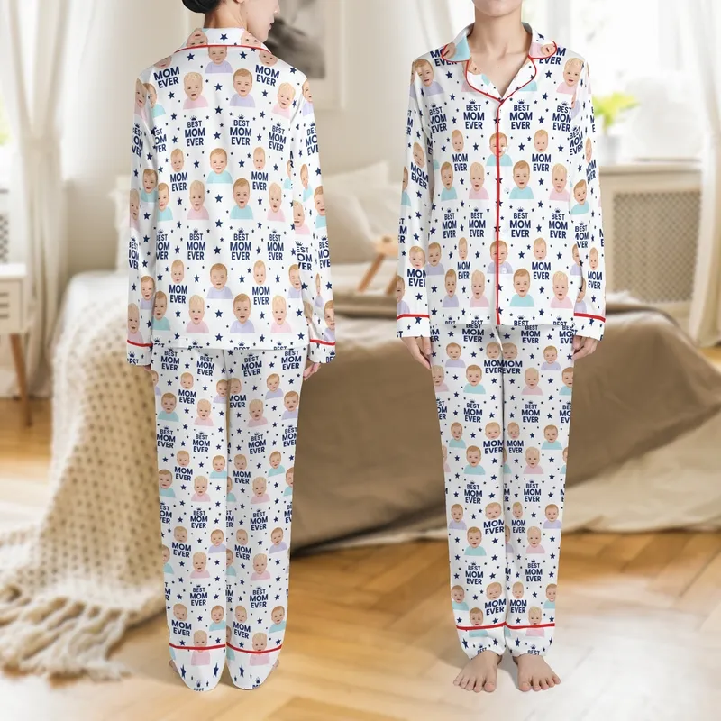 Mothers & Family White Repeating Pattern: Crisp Baby Faces, Pastel Hues, Dark Blue 'BEST MOM EVER' Text, Crowns, Stars Satin Pajamas Set - 1