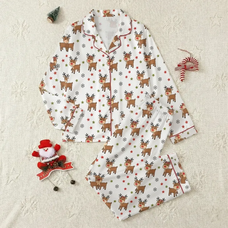 Holiday Families' Cute Cartoon Reindeer Pattern with Red Noses, Olive Green & Red Stars Satin Pajamas Set - 1