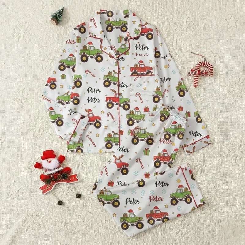 Kids' Personalized Christmas Monster Truck All-Over Pattern Vibrant Green Red Cartoon Trucks, Candy Canes, Snowflakes, Stars Satin Pajamas Set - 1