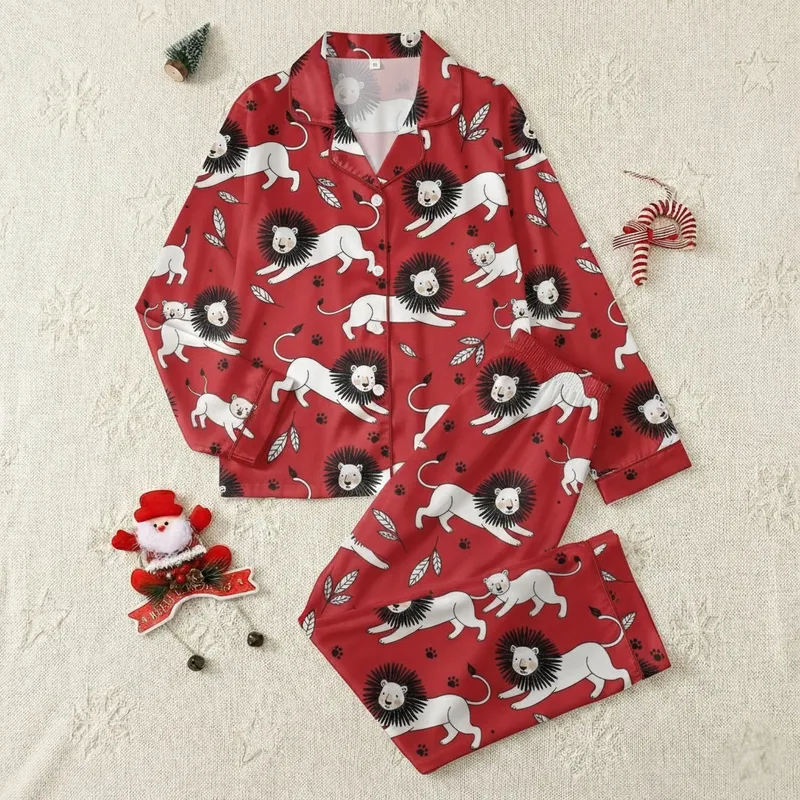 Children's Vibrant Cherry Red Hand-Drawn White Lions & Cubs Bold Black Outline Flat Art Pattern Satin Pajamas Set - 1