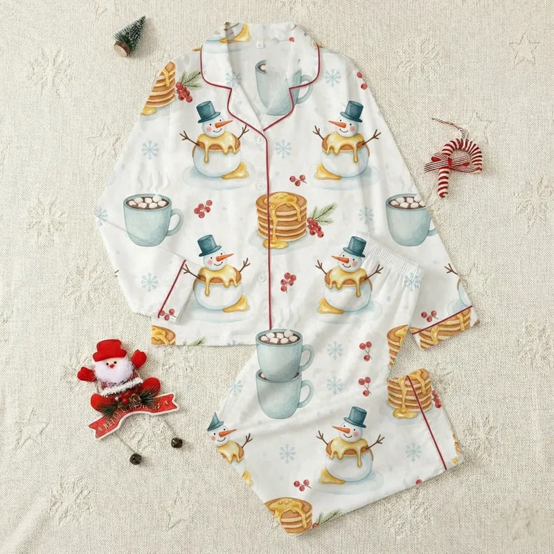 Winter Gathering Hosts' Whimsical Watercolor Snowman Pancake Hot Chocolate Berry Pattern Satin Pajamas Set - 1