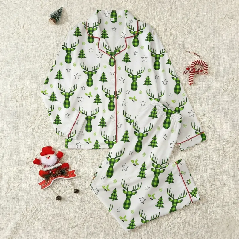 Family Festive Christmas Deer Heads, Forest Green Plaid, Lime Green Snowflakes & Holly on Pure White Satin Pajamas Set - 1