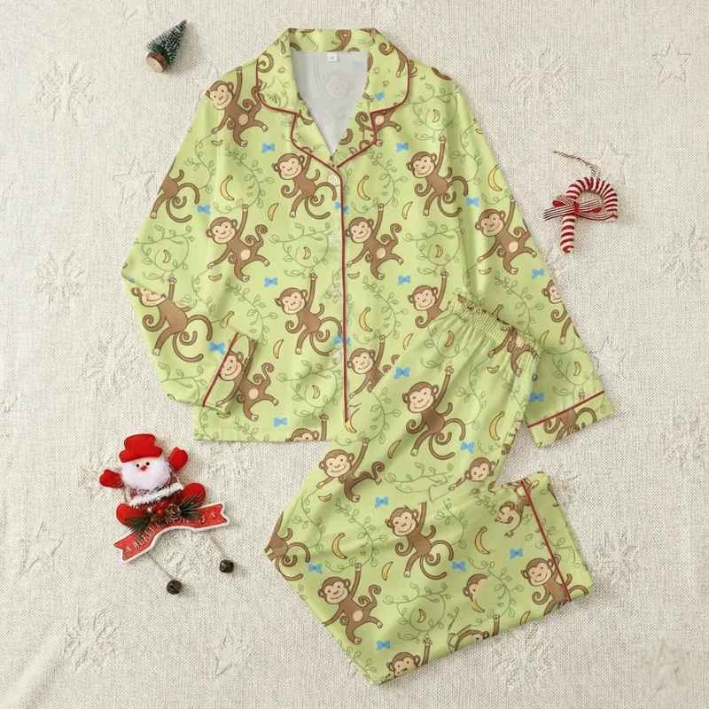 Kids & Families' Whimsical Hand-Drawn Monkey Pale Lime Green Vine Banana Ribbon Art Satin Pajamas Set - 1