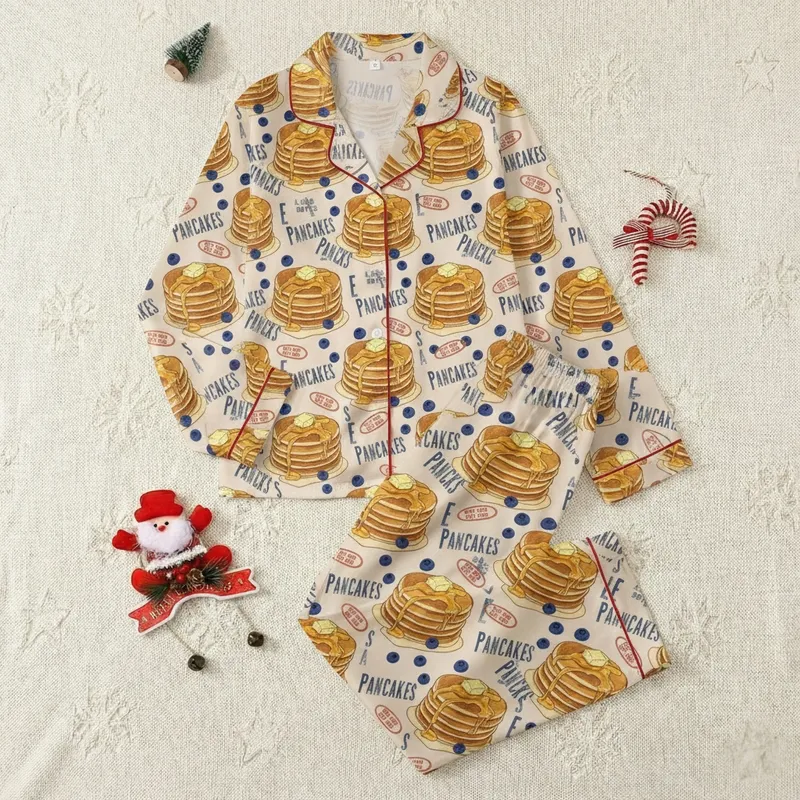 Breakfast Lovers' Vintage Illustrative Pancake Blueberry Golden Syrup Oatmeal Beige Abstract Typography Satin Pajamas Set - 1