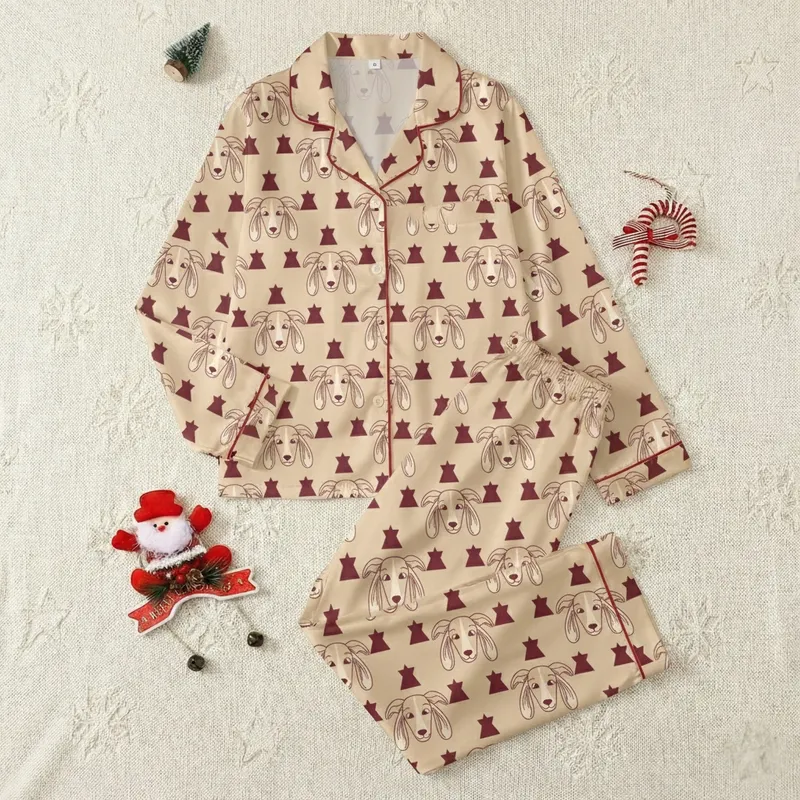 Sighthound Lovers' Whimsical Flat Illustration Cream Dog Heads & Maroon Dinosaur Spikes Pattern Satin Pajamas Set - 1