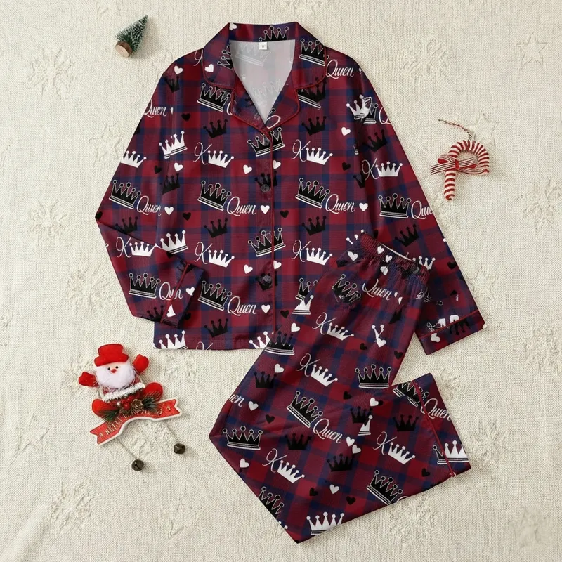 Matching Couples' Minimalist King Queen Crowns Red Navy Tartan Plaid Pattern Satin Pajamas Set - 1