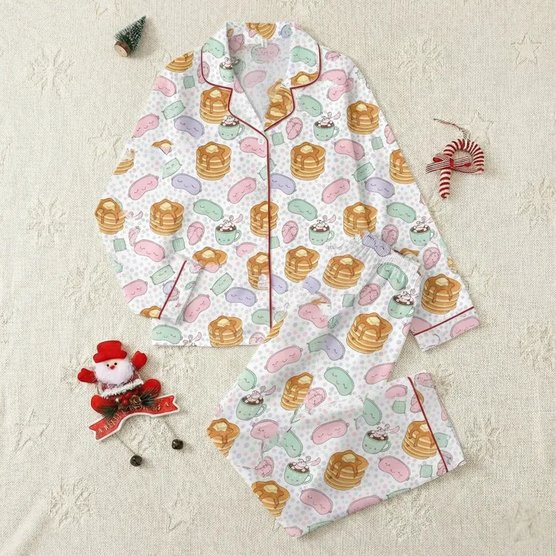 Family Fun Seekers Whimsical Golden Pancakes Hot Cocoa & Pastel Sleeping Masks Confetti Pattern Satin Pajamas Set - 1