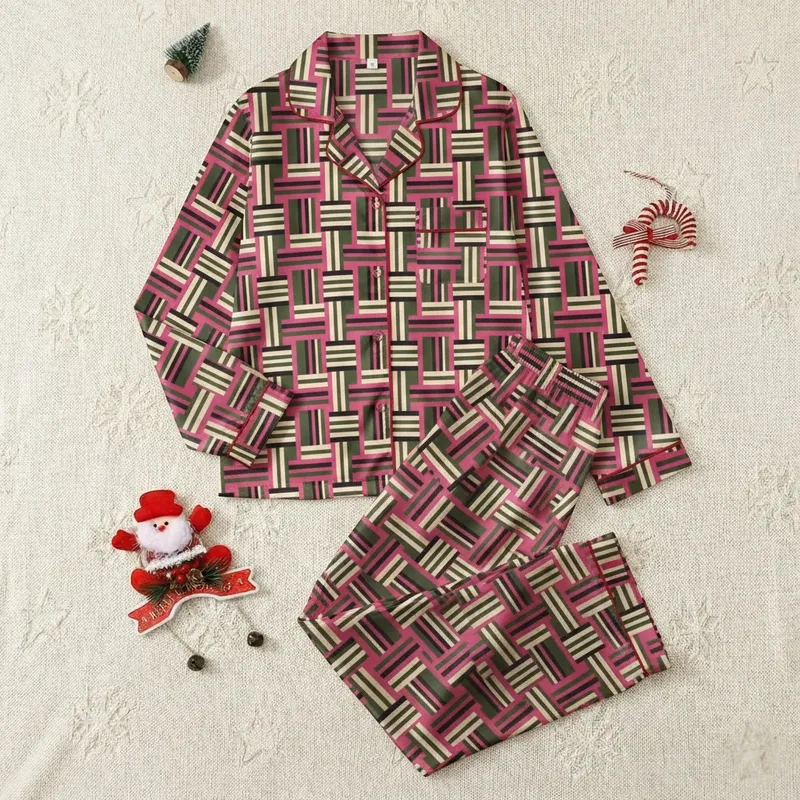Modern Style Enthusiasts' Dynamic Abstract Geometric Interlocking Stripe Pattern in Olive Green, Hot Pink, Beige, Black Satin Pajamas Set - 1