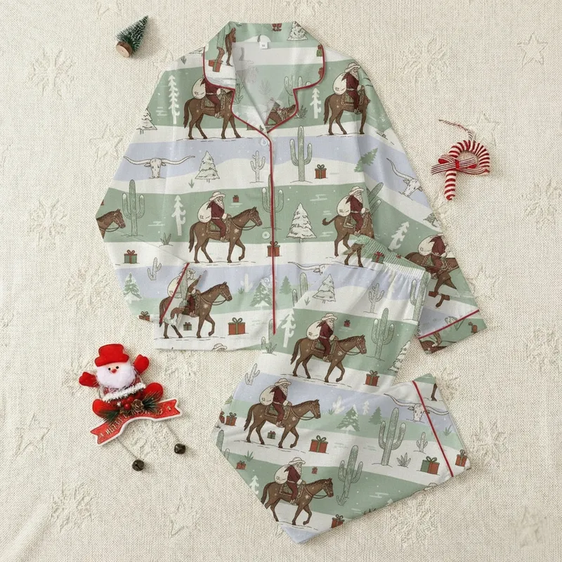 Western Christmas Families' Rustic Cowboy Santa, Longhorn, Saguaro Cactus Repeating Pattern in Muted Sage & Burgundy Satin Pajamas Set - 1